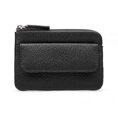 Small Leather Zip Coin Purse With Key Chain - Black - Black - Helvetica/silver