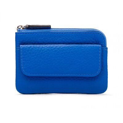 Small Leather Zip Coin Purse With Key Chain - Cobalt - Cobalt - Helvetica/silver