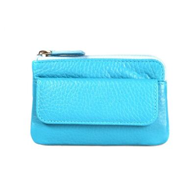 Small Leather Zip Coin Purse With Key Chain - Cornflower Blue - Cornflower blue - Helvetica/silver