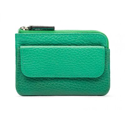 Small Leather Zip Coin Purse With Key Chain - Emerald Green - Emerald green - Helvetica/silver