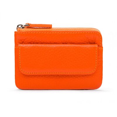 Small Leather Zip Coin Purse With Key Chain - Orange - Orange - Helvetica/silver