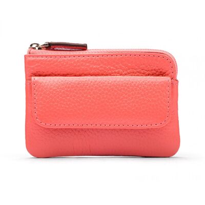 Small Leather Zip Coin Purse With Key Chain - Pink - Pink - Helvetica/silver
