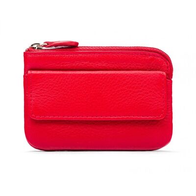 Small Leather Zip Coin Purse With Key Chain - Red - Red - Helvetica/gold