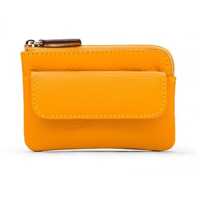 Small Leather Zip Coin Purse With Key Chain - Yellow - Yellow - Helvetica/silver