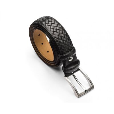 Woven Leather Belt With Silver Buckle - Black - Black 28"/ 71cm