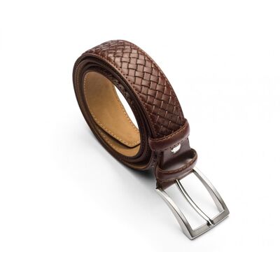 Woven Leather Belt With Silver Buckle - Brown - Brown 28"/ 71cm