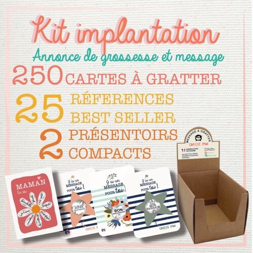 Kit d'implantation - 250 cartes à gratter ( annonce de grossesse et messages à gratter )& 2 présentoirs compacts
