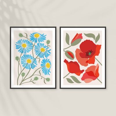 Flowers Aster and Poppy Print Set of two , A4 print