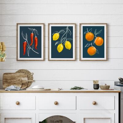 Set di 3 stampe di frutta botanica - Stampa artistica - Arte della cucina, stampa A5