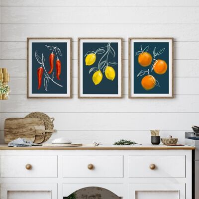 Set mit 3 botanischen Fruchtdrucken – Kunstdruck – Küchenkunst, A4-Druck