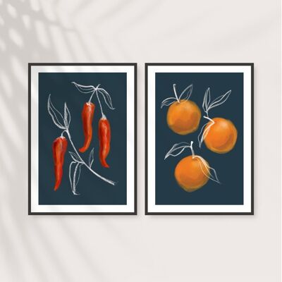 Set of 2 Botanical fruit Prints - Art Print - Kitchen Art , A5 print
