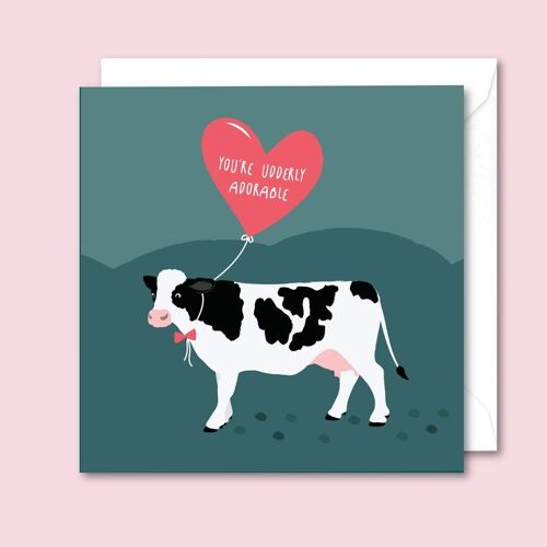 Cow - You're Udderly Adorable - Valentines Card - 1 Single Card