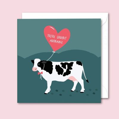 Cow - You're Udderly Adorable - Valentines Card - 1 Single Card