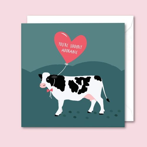 Cow - You're Udderly Adorable - Valentines Card - Pack of 10