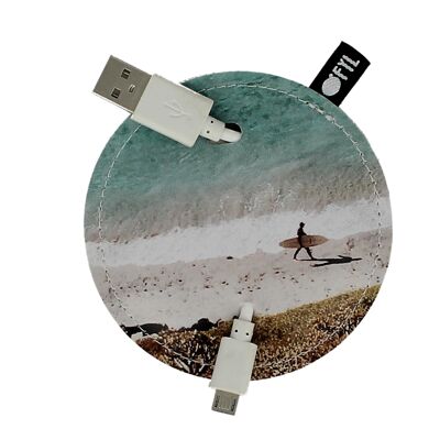 OFYL charging cord storage with "Surfer beach" graphic