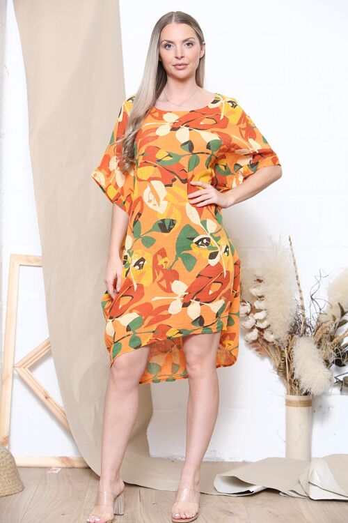 Orange leaf print dress with pockets