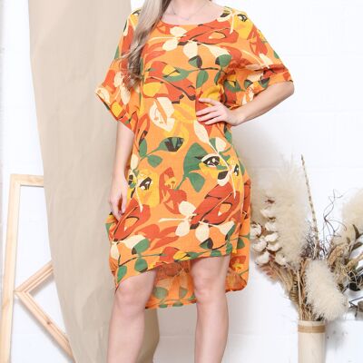 Orange leaf print dress with pockets
