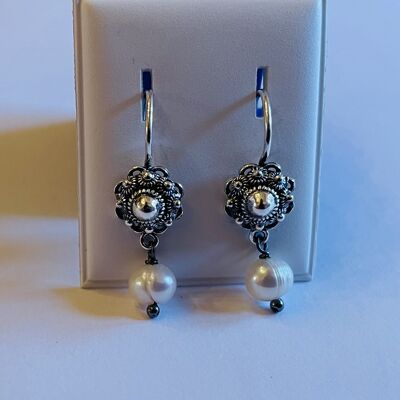 Boucles d'Oreilles en Argent avec Bouton Zeeland 8mm et Perle d'Eau Douce