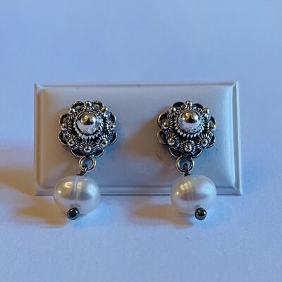 Silver Zeeland Button 8mm Earrings with Freshwater Pearl