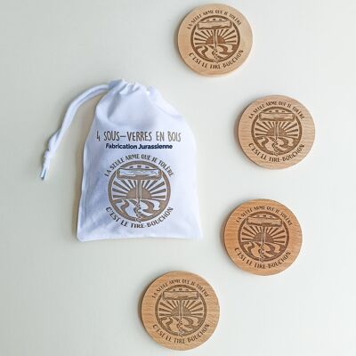 Set of 4 wooden coasters "The only weapon I tolerate is the corkscrew"