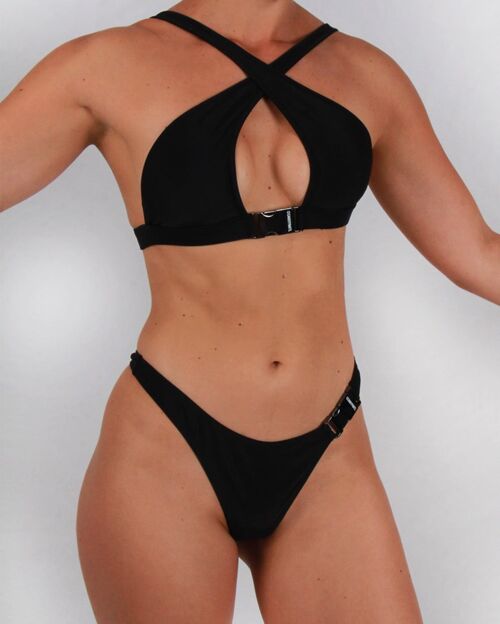 Cross Front Bikini Top with Buckle Detailing in Black
