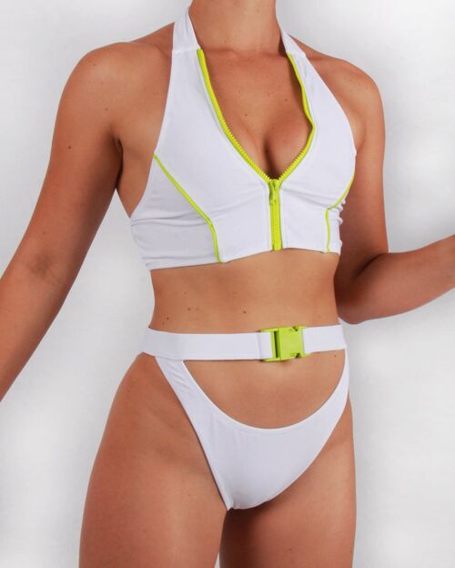 Zip Front Bikini Top in White with Lime Detailing