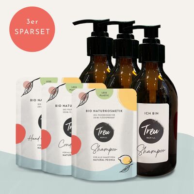 Kit de démarrage shampooing, après-shampooing, nettoyant pour les mains et le corps bio comprenant 3 bouteilles en verre de recharge