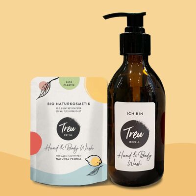 Organic natural cosmetics hand & body wash in powder form with refill glass bottle