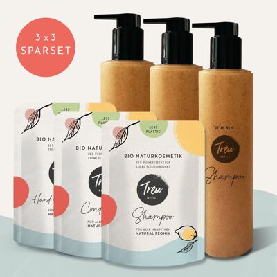 Starterset Bio Shampoo, Conditioner, Hand & Body Wash inklusive 3 Refill-Flaschen aus Flüssigholz