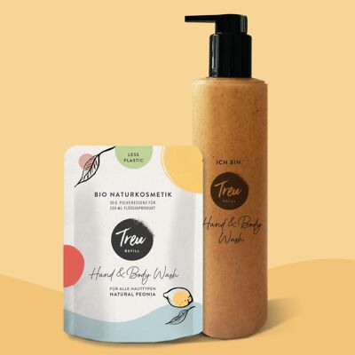 Organic natural cosmetics hand & body wash in powder form with a refill bottle made of liquid wood