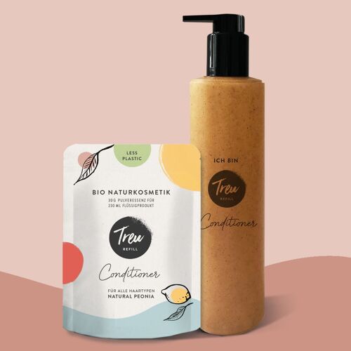 Bio Naturkosmetik Conditioner in Pulverform mit Refill-Flasche aus Flüssigholz