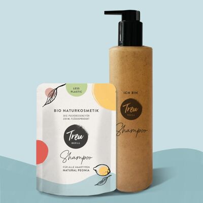 Organic natural cosmetics shampoo in powder form with a refill bottle made of liquid wood