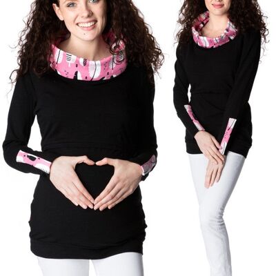 Umstandspullover, Stillpullover #3in1 Schwarz mit großen Federn auf rosa-pink