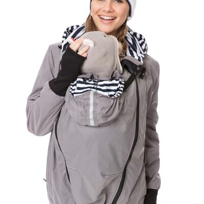 Babytragejacke, Umstandsjacke #4in1 Shell + Fleece Grau + marine-weißen Streifen