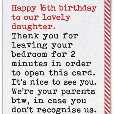 Funny 16th Birthday Card For Daughter - Leaving Bedroom