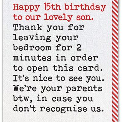 Funny 15th Birthday Card - Son Leaving Bedroom