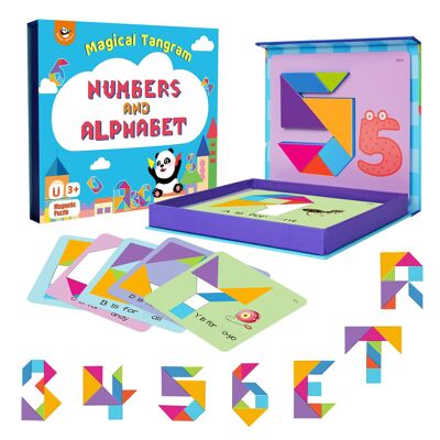 Magnetische Reisespiele mit geometrischer Form, Musterblöcke, Lernspielzeug für Kinder im Alter von 3–8 Jahren, klassisches STEM-Puzzle für den Kindergarten mit 24 Karten (Zahl und Alphabet) – Spielzeug und Basteln