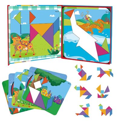 Ensemble de puzzle Tangram, blocs de motifs magnétiques Jouets éducatifs pour enfants de 3 à 8 ans, puzzle de forme géométrique classique de la maternelle avec 24 cartes de conception (zodiaque chinois) - Jouets et artisanat