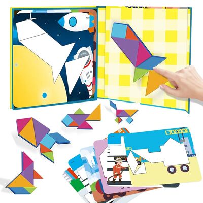 Tangram Puzzle Set, Pattern Blocks Magnetic Jigsaw Educational Toys for Kids Age 3-8, Geometric Shape Puzzle Kindergarten Classic with 24 Pcs Design Cards (Vehicles) - Toys and crafts