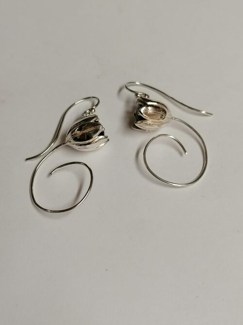 Tulip drop earrings hand made from Sterling Silver set with a 5 mm African Garnet