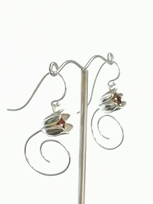 Tulip ear drops hand made from Silver and set with an African Garnet