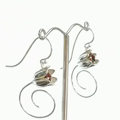 Tulip ear drops hand made from Silver and set with an African Garnet