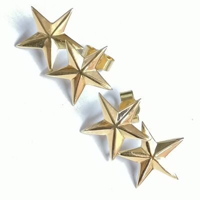 Pendientes de botón doble estrella hechos a mano en oro de 18 quilates
