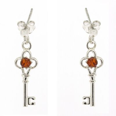 Boucles d'oreilles clé en ambre cognac en argent sterling et boîte de présentation