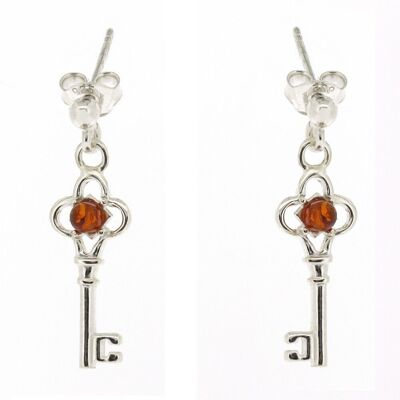 Sterling Silver Cognac Amber Key Earrings and Presentation Box