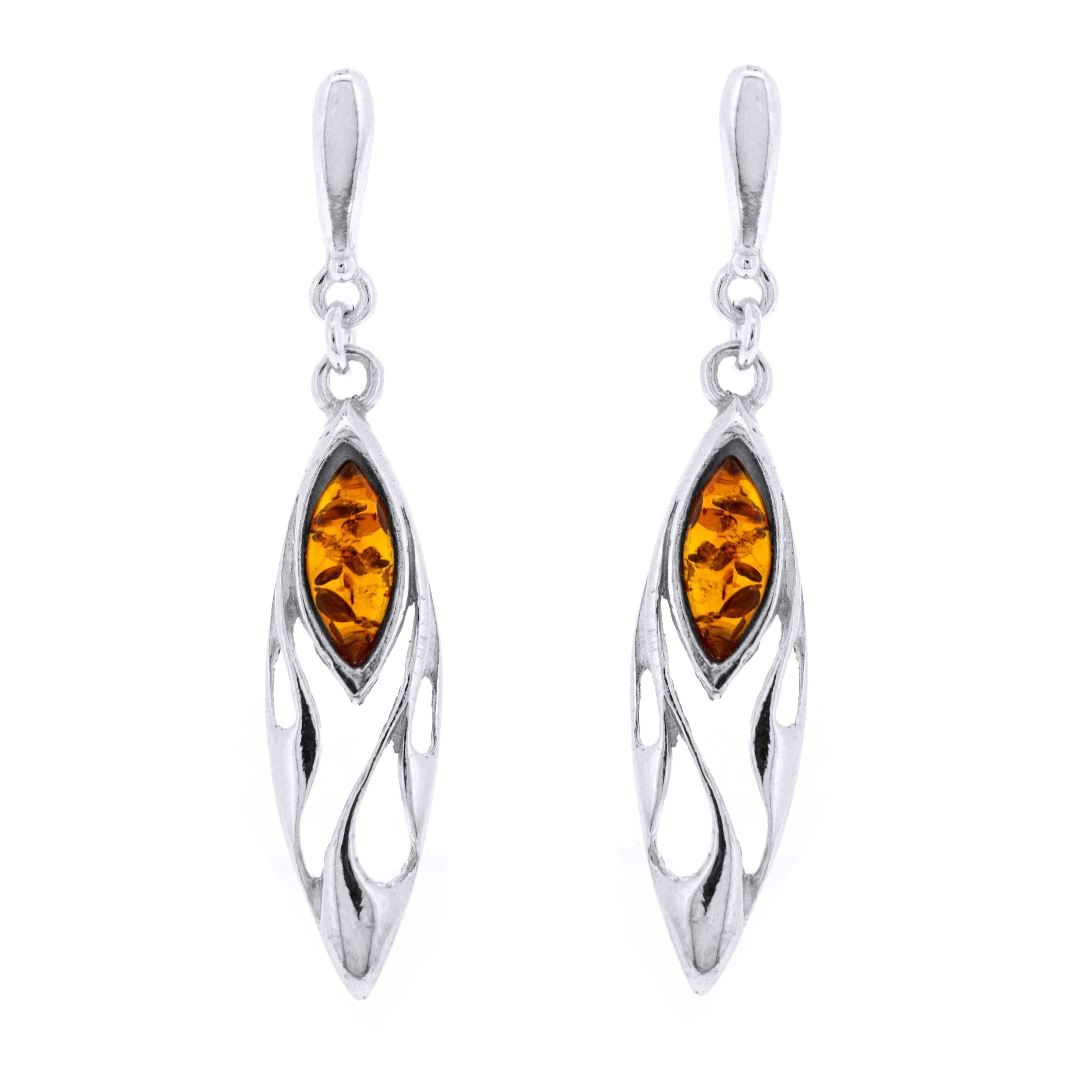 Orecchini Deco Marquise in argento sterling cognac ambra e scatola di presentazione