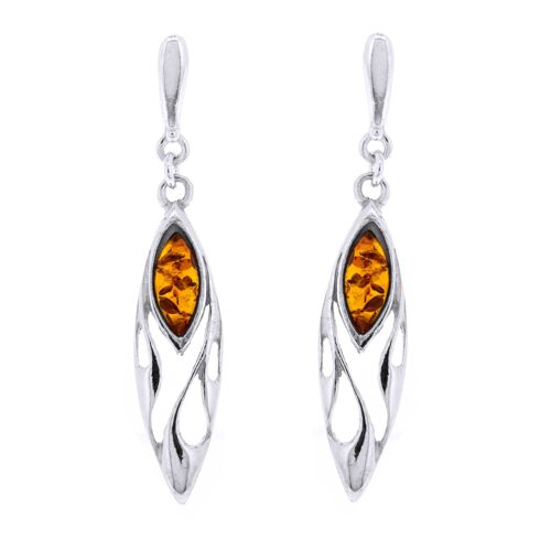 Sterling Silver Cognac Amber Marquise Deco Earrings and Presentation Box