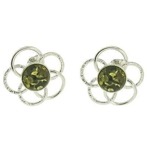 Sterling Silver and Green Amber Flower Stud Earrings and Presentation Box