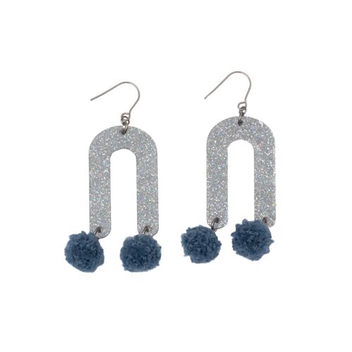 Limited Edition: Hupsu Earrings - Steel/Silver glitter/Blue pom poms