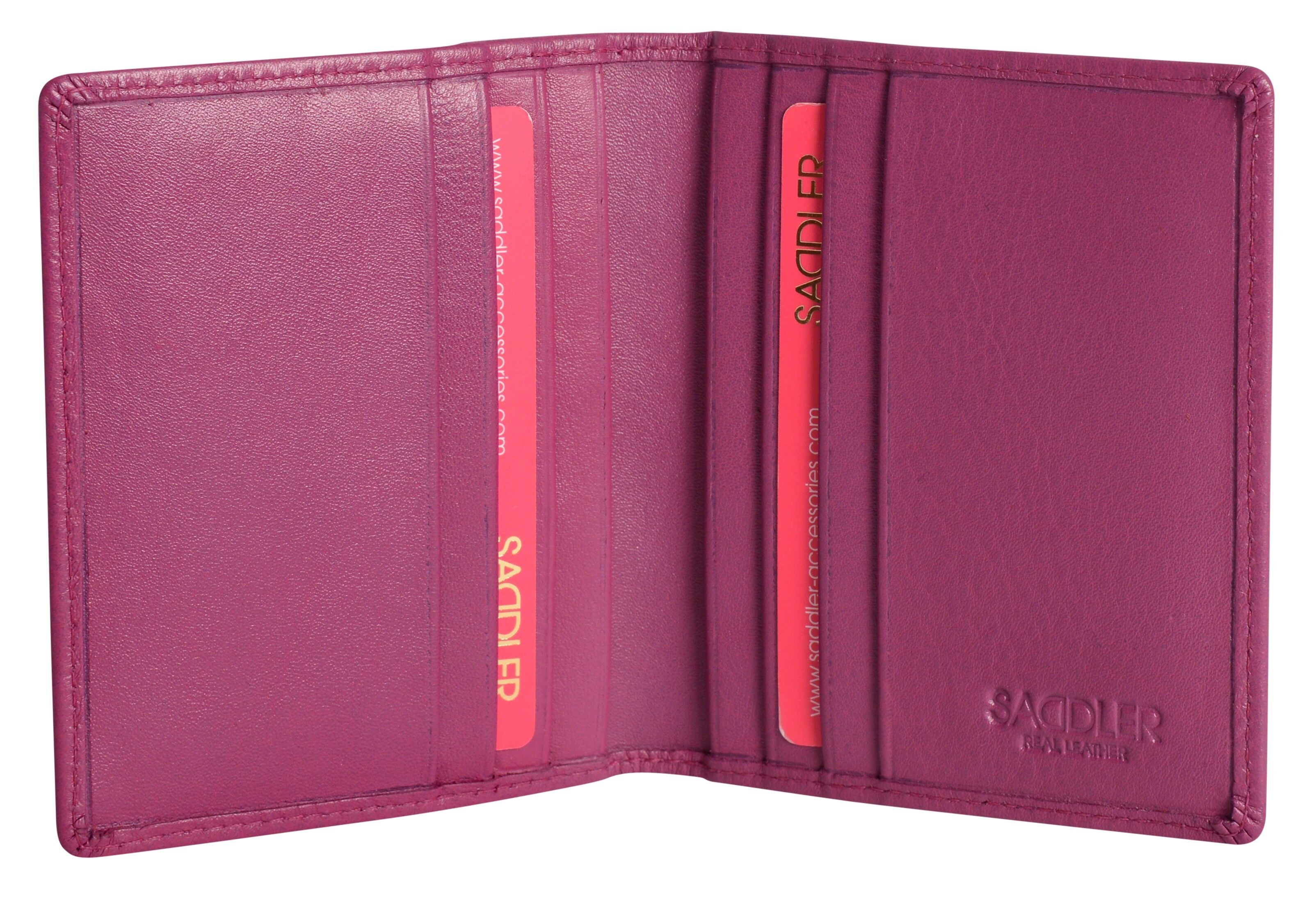 Porta carte di credito RFID bifold da donna in pelle di lusso SADDLER "LEXI" | Portafoglio sottile e minimalista | Portafoglio per carte di credito di design per donna | Confezione regalo - Magenta